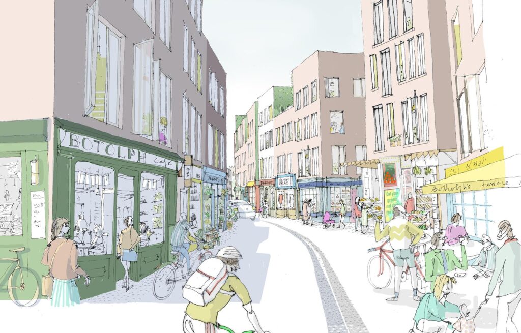 Artists impression showing vibrant narrow street used by pedestrians cyclists and a car, with small shops and cafes, and flats above. 3-4 storeys